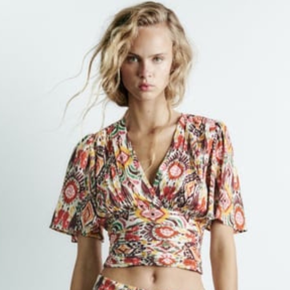 Zara Printed Drape Sleeve Crop Linen Top - Small (4)